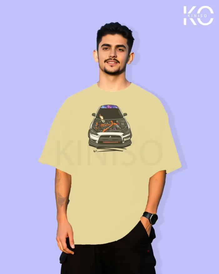 Image of Off White color drop shoulder t-shirt with Racing Car Hood Open Print for men at reasonable price